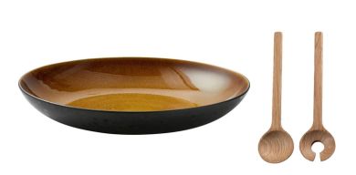 Bitz Set Servierschale rund 40 cm schwarz/bernstein + Salatbesteck 32 cm Eiche 