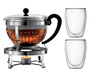 Bodum Teebereiter mit Kunststofffilter 1.3 L mit Rechaud Chambord Set verchromt + 2 doppelwandige Gläser 0.35 L 