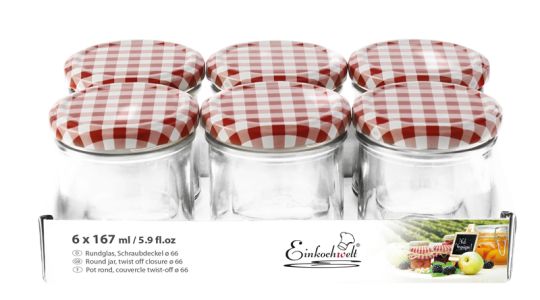 Einkochwelt 6er Tray 167 ml Glas TO66 mm mit Caps dunkelrot/weiß kariert 